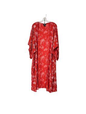 Angie Red Floral Print Kimono With Crochet Trimmed Sleeves - Women's Medium Open